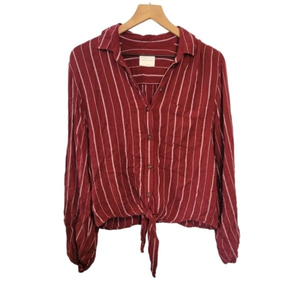 American Eagle Maroon Stripe Tie Front Button Up Top Size Small